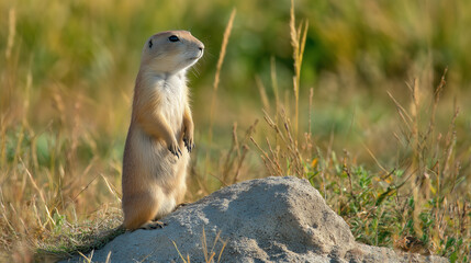 Standing Prairie Dog Alert on Mound in Sunny Natural Environment 