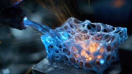 Molten titanium flowing into a complex mold, solidifying and creating a structured scaffold, showcased in a series of captivating close ups