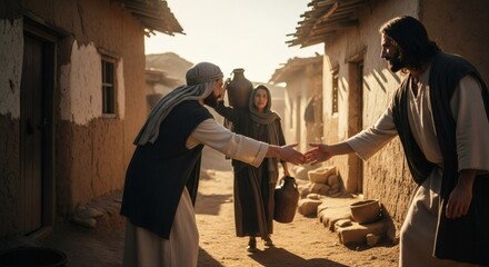 Encounter in the Village Jesus extending his hand in peace and friendship