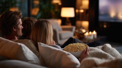 Cozy evening with friends enjoying popcorn and a movie at home during a relaxing night
