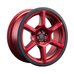 Obraz premium Shiny red six spoke car wheel with black tire isolated on transparent background