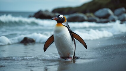 Naklejka premium A penguin walking on the beach with rocks and ocean waves in the background.
