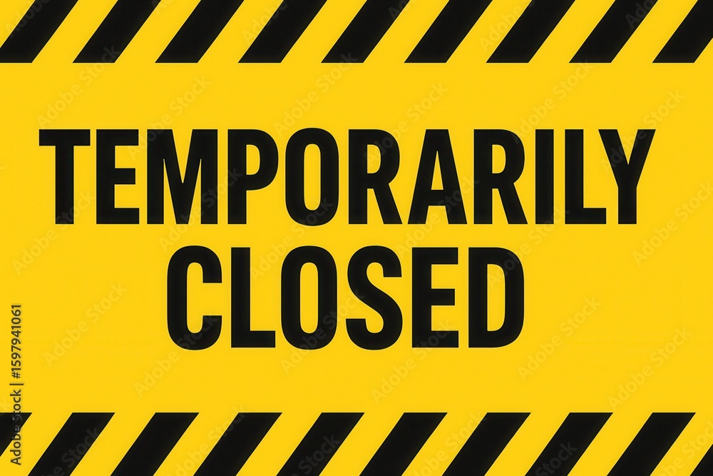 Poster a bold yellow and black warning sign with diagonal stripes, displaying the message 