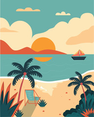 Relax on the beach at a tropical resort among palm trees and the sea