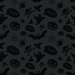 Halloween seamless pattern. Vector illustration of Halloween party. Ghosts, spider web, bat and pumpkins on a yellow background. Vector cartoon seamless pattern.