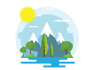 Fototapeta premium Flat Style Landscape Mountain Valley with Lake and Forest. Nature and outdoor scenery concept vector art