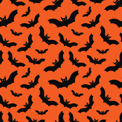 Halloween seamless pattern. Vector illustration of Halloween party. Ghosts, spider web, bat and pumpkins on a yellow background. Vector cartoon seamless pattern.