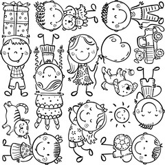Cartoon kids with pets, toys and gifts. Set of black and white illustration