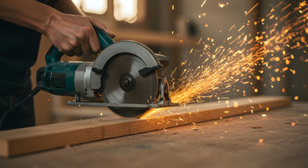 Craftsman Using Circular Saw for Precision Wood Cutting with Sparks Flying in Workshop Environment