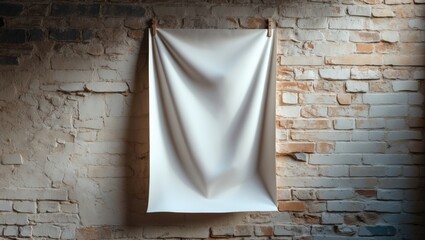 Image of a blank white paper or fabric hanging on a brick wall, with shadows and creases visible.