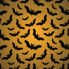 Halloween seamless pattern. Vector illustration of Halloween party. Ghosts, spider web, bat and pumpkins on a yellow background. Vector cartoon seamless pattern.