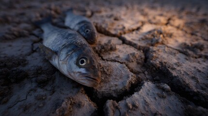 Obraz premium Dead fish on a dry cracked riverbed