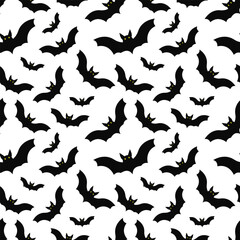 Halloween seamless pattern. Vector illustration of Halloween party. Ghosts, spider web, bat and pumpkins on a yellow background. Vector cartoon seamless pattern.