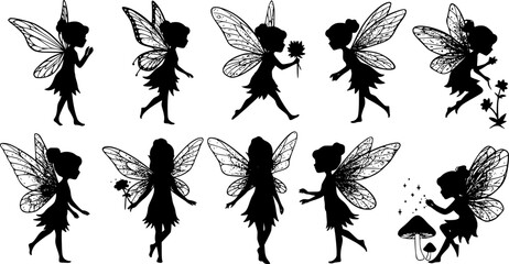set of Cute Fairy art. Beautiful Fairies silhouette collection, Little fairies set. Hand drawn vector illustration. on white background