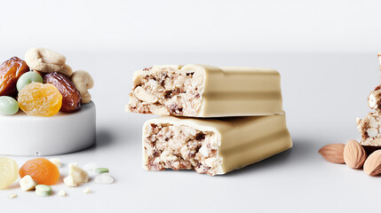 Protein energy bars with nuts and dried fruits on white background. Healthy snack bars cut to show texture with almonds, dates, and natural ingredients for fitness nutrition.