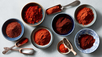 Colorful natural spices in ceramic bowls including paprika, chili powder, cocoa and seasonings with wooden scoops for cooking and culinary preparation.