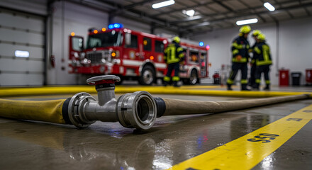 Firefighting Equipment and Firefighters Training in Emergency Response Facility with Firetruck and Hose Ready for Action