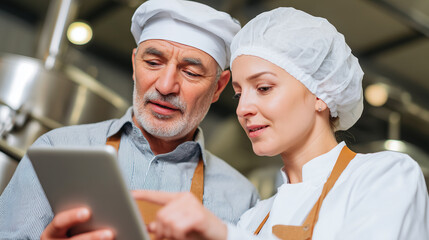 Professional chefs using tablet in commercial kitchen. Senior mentor training young cook with digital technology for quality control food preparation in restaurant industry.
