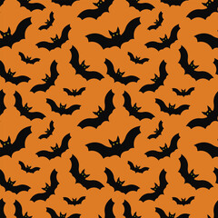Halloween seamless pattern. Vector illustration of Halloween party. Ghosts, spider web, bat and pumpkins on a yellow background. Vector cartoon seamless pattern.