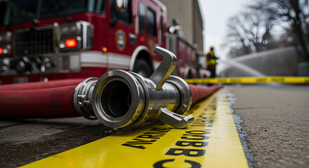Close-Up View of Fire Hose Connector with Fire Truck in Background During Emergency Response Operation
