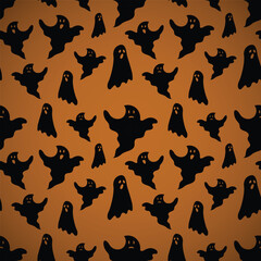 Halloween seamless pattern. Vector illustration of Halloween party. Ghosts, spider web, bat and pumpkins on a yellow background. Vector cartoon seamless pattern.