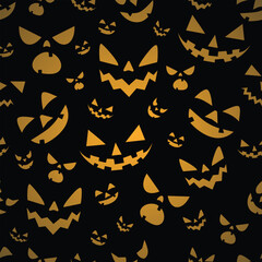 Halloween seamless pattern. Vector illustration of Halloween party. Ghosts, spider web, bat and pumpkins on a yellow background. Vector cartoon seamless pattern.