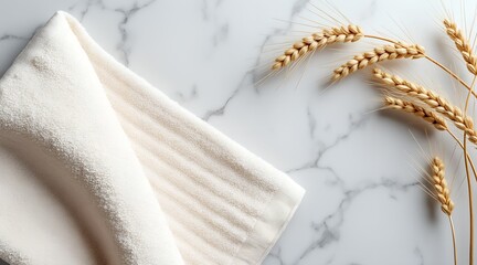 Naklejka premium Wheat ears and a textured towel on a marble surface