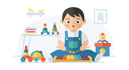 Joyful Boy Plays Xylophone Surrounded By Colorful Toys In Bright Room