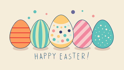 Illustration of five decorated easter eggs with different patterns and colors on a light background