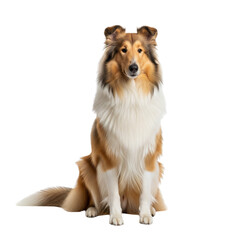Majestic collie dog sitting proudly against a white background