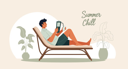 Enjoying Leisurely Summer Day With Book And Drink On A Comfortable Lounge Chair
