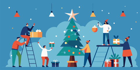 Vector art of a group of diverse people working together to decorate a christmas tree with gifts and ornaments in a festive winter scene.