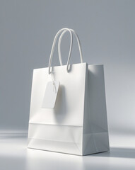 Ultra Realistic White Paper Shopping Bag with Tag on Minimal Studio Background