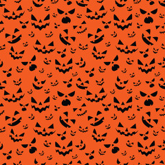 Halloween seamless pattern. Vector illustration of Halloween party. Ghosts, spider web, bat and pumpkins on a yellow background. Vector cartoon seamless pattern.