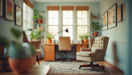 Fototapeta premium A cozy home office with a comfortable armchair, plants, framed pictures, and a large desk by the windows.