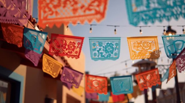 Hispanic Heritage Month decorations with papel picado waving in breeze
