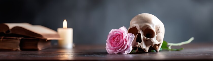 Obraz premium Artistic still life depicting a skull and a beautiful pink rose captured with a soft focus and depth of field for enhanced visual impact