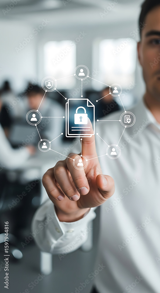 Poster man hand touching digital document security network
