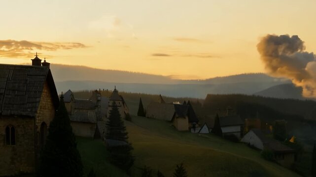 Smoke rising above a medieval village at sunset