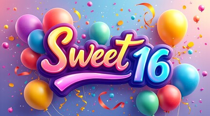 Sweet sixteen celebration with colorful balloons and confetti