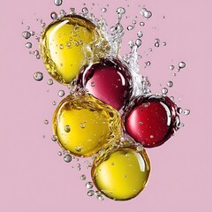 Vibrant Red and Yellow Spheres Suspended in Water Splashes