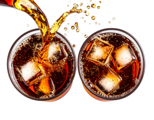  Top-Down View of Two Glasses of Cola Being Filled, Abstract Swirl Pattern Forming in Liquid, PNG Isolated