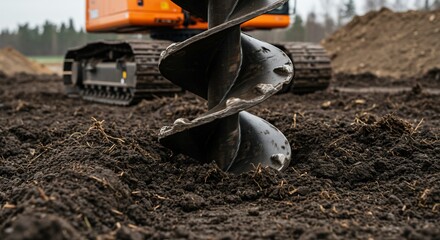 Excavator auger drill working outdoors on a construction site digging soil