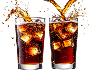  Two Cola Glasses with Ice Being Filled from Bottles, Mid-Pour, High-Speed Splash Capture, PNG