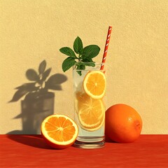 Refreshing Citrus Drink with Mint and Ice Cubes on a Red Surface