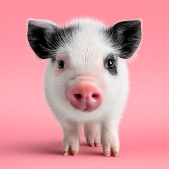 Adorable Baby Piglet with Cute Pink Nose and Spotted Ears on a Soft Pink Background