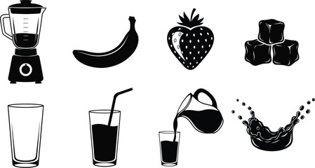 Smoothie ingredients and preparation icons in black and white style