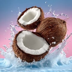 Fresh Coconuts Splashing Water Exploding Against A Pink Blue Gradient Background