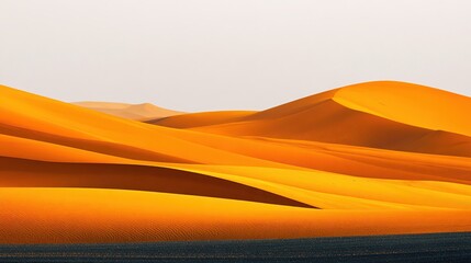 Sunlit, undulating orange sand dunes stretch across a vast desert landscape under a pale sky, with a dark, low-lying line at the bottom suggesting sparse vegetation or a different terrain