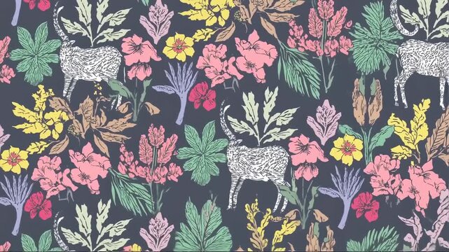 Floral and animal print pattern on dark background